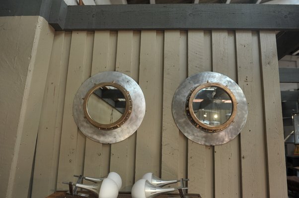 Industrial Riveted Bronze and Aluminum Porthole Mirror, 1920s-NEN-2043217