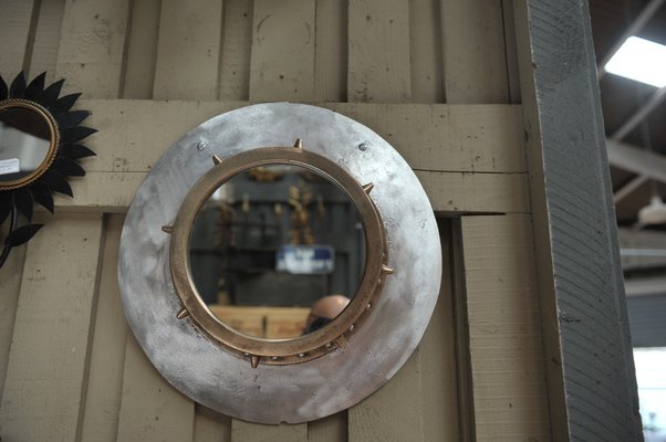 Industrial Riveted Bronze and Aluminum Porthole Mirror, 1920s-NEN-2043217