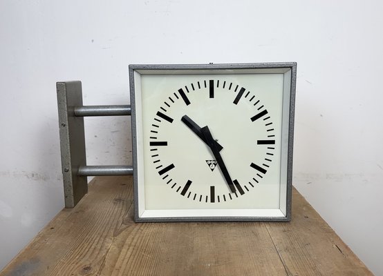 Industrial Square Double Sided Factory Wall Clock from Pragotron, 1970s-CGF-2043785