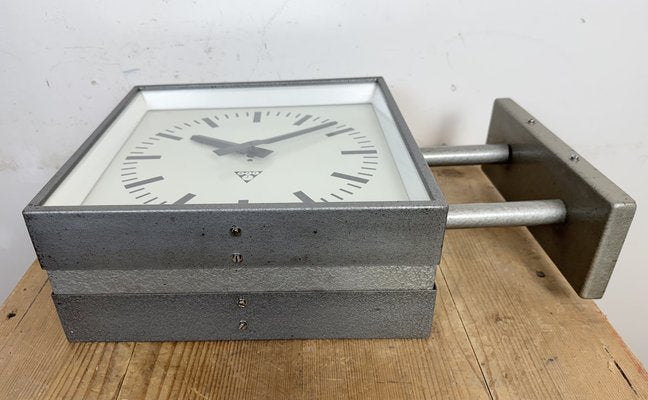 Industrial Square Double Sided Factory Wall Clock from Pragotron, 1970s-CGF-2043785