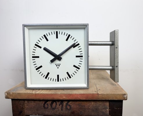 Industrial Square Double Sided Factory Wall Clock from Pragotron, 1970s-CGF-2043785