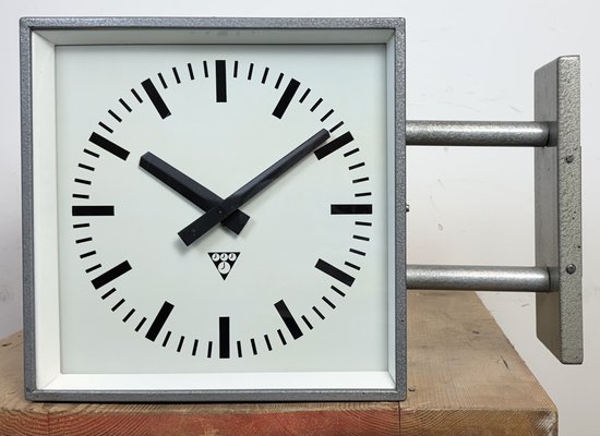 Industrial Square Double Sided Factory Wall Clock from Pragotron, 1970s-CGF-2043785