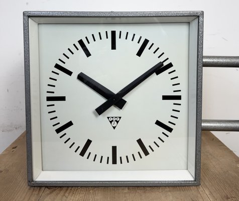 Industrial Square Double Sided Factory Wall Clock from Pragotron, 1970s-CGF-2043785