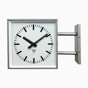 Industrial Square Double Sided Factory Wall Clock from Pragotron, 1970s-CGF-2043785