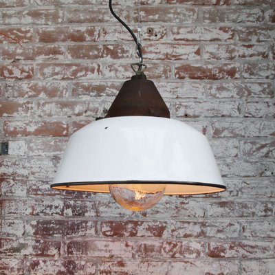 Industrial White Enamel, Cast Iron & Glass Pendant Lamp, 1950s-BLS-770426