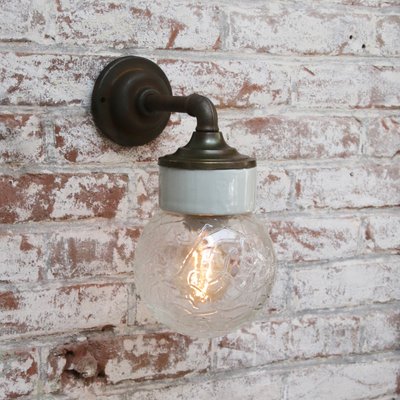 Industrial White Porcelain & Clear Glass Brass Wall Lamp-BLS-1335453