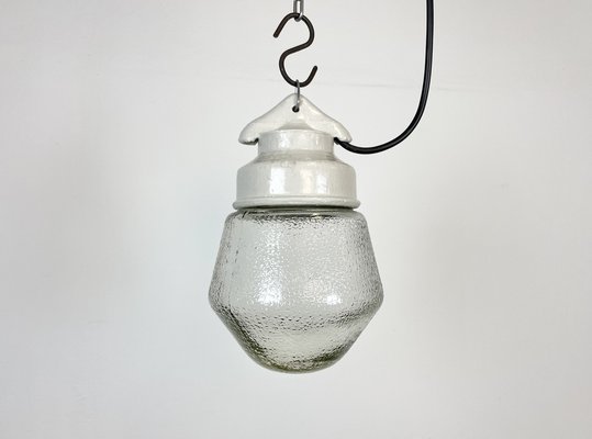 Industrial White Porcelain Pendant Light with Frosted Clear Glass, 1970s-CGF-1368585