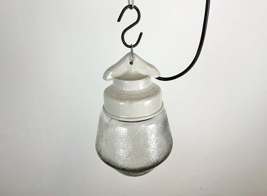 Industrial White Porcelain Pendant Light with Frosted Clear Glass, 1970s-CGF-1368585