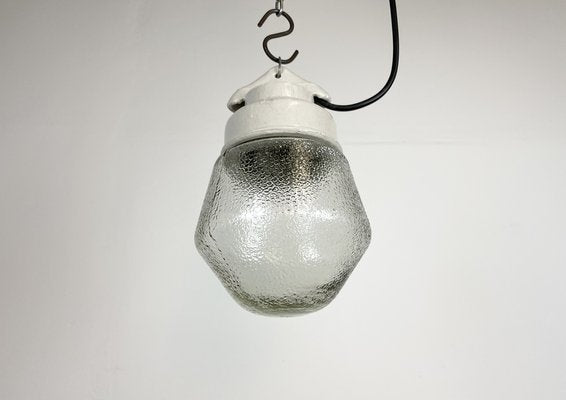 Industrial White Porcelain Pendant Light with Frosted Clear Glass, 1970s-CGF-1368585