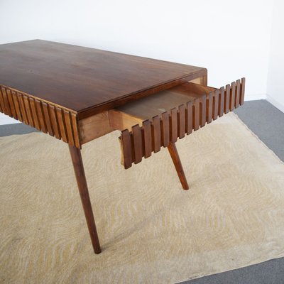 Inlaid and Worked Wooden Table attributed to the First Works attributed to Paolo Buffa Late 50s. The Table Present Two Hidden Drawers as Well as Being Contained Can Act as Extension, 1950s-JQO-1453846