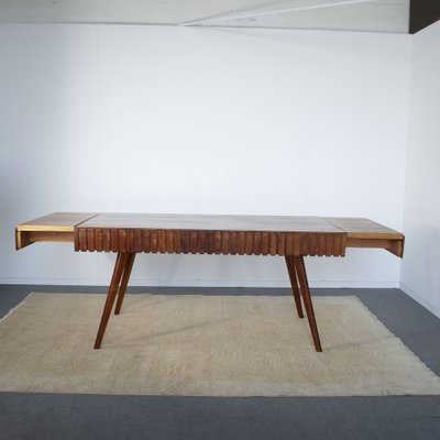 Inlaid and Worked Wooden Table attributed to the First Works attributed to Paolo Buffa Late 50s. The Table Present Two Hidden Drawers as Well as Being Contained Can Act as Extension, 1950s-JQO-1453846