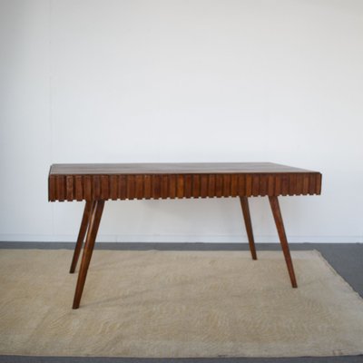 Inlaid and Worked Wooden Table attributed to the First Works attributed to Paolo Buffa Late 50s. The Table Present Two Hidden Drawers as Well as Being Contained Can Act as Extension, 1950s-JQO-1453846