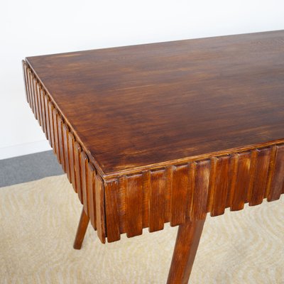 Inlaid and Worked Wooden Table attributed to the First Works attributed to Paolo Buffa Late 50s. The Table Present Two Hidden Drawers as Well as Being Contained Can Act as Extension, 1950s-JQO-1453846