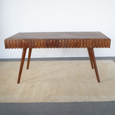 Inlaid and Worked Wooden Table attributed to the First Works attributed to Paolo Buffa Late 50s. The Table Present Two Hidden Drawers as Well as Being Contained Can Act as Extension, 1950s-JQO-1453846