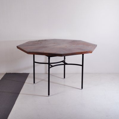 Inlaid Hexagonal Wooden Table with Tubular Metal Base, 1960s-JQO-1143629