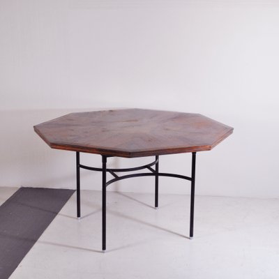 Inlaid Hexagonal Wooden Table with Tubular Metal Base, 1960s-JQO-1143629