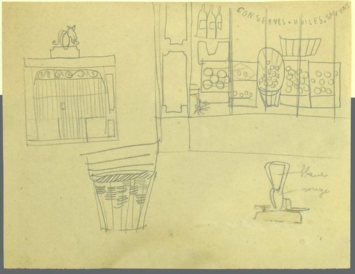 Interior of Grocery Store - Original French Pencil Drawing - Mid-20th Century-ZCI-899521