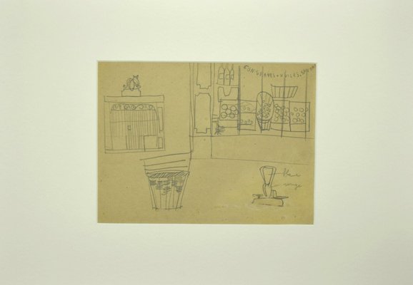 Interior of Grocery Store - Original French Pencil Drawing - Mid-20th Century-ZCI-899521