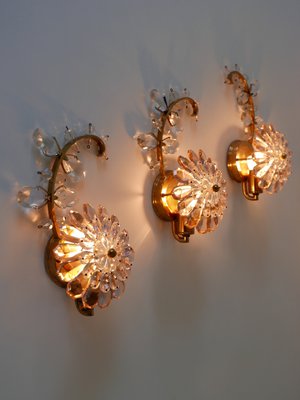 Iridescent Crystal Glass & Brass Flower Sconces from Palwa, 1960s, Set of 3-WPT-823241