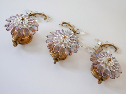 Iridescent Crystal Glass & Brass Flower Sconces from Palwa, 1960s, Set of 3-WPT-823241