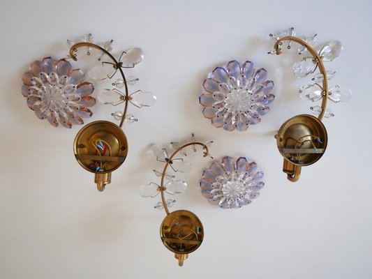 Iridescent Crystal Glass & Brass Flower Sconces from Palwa, 1960s, Set of 3-WPT-823241