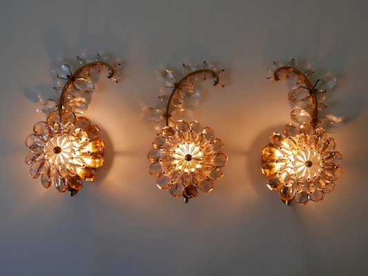 Iridescent Crystal Glass & Brass Flower Sconces from Palwa, 1960s, Set of 3-WPT-823241