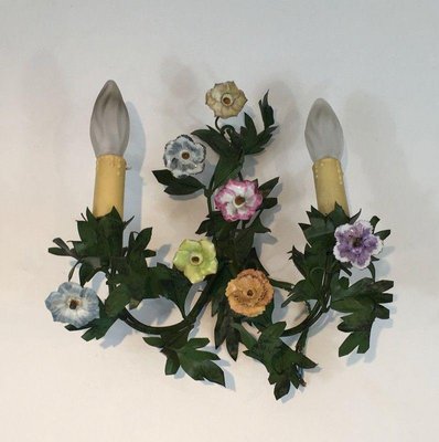 Iron Wall Lights with Porcelain Flowers, 1960s, Set of 2-BA-1365587