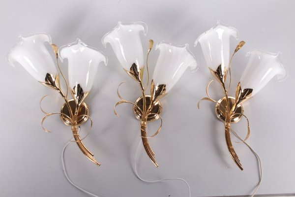 Italian 24 kt Gold-Plated Tulip Glass Wall Lamps, 1970, Set of 3-EZZ-1134209