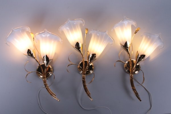 Italian 24 kt Gold-Plated Tulip Glass Wall Lamps, 1970, Set of 3-EZZ-1134209