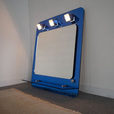 Italian 3-Light Dressing Room Mirror with Blue Glass Shelf by Metalvetro, 1970s-JQO-1286887