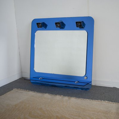 Italian 3-Light Dressing Room Mirror with Blue Glass Shelf by Metalvetro, 1970s-JQO-1286887