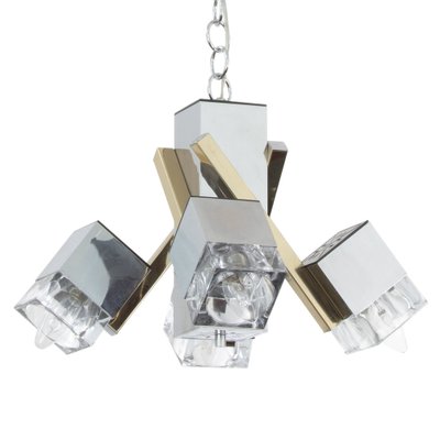 Italian 4 Light Chandelier with Glass Cubes, Chrome and Gold Geometric Structure by Gaetano Sciolari for Stilnovo-MPO-1259514