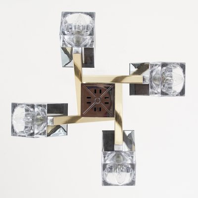 Italian 4 Light Chandelier with Glass Cubes, Chrome and Gold Geometric Structure by Gaetano Sciolari for Stilnovo-MPO-1259514