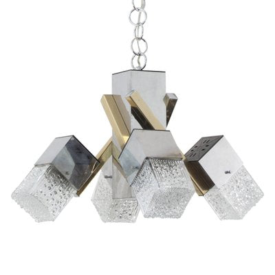 Italian 4 Light Chandelier with Glass Cubes, Chrome and Gold Geometric Structure by Gaetano Sciolari for Stilnovo-MPO-1259527