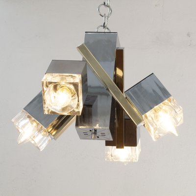 Italian 4 Light Chandelier with Glass Cubes, Chrome and Gold Geometric Structure by Gaetano Sciolari for Stilnovo-MPO-1259514