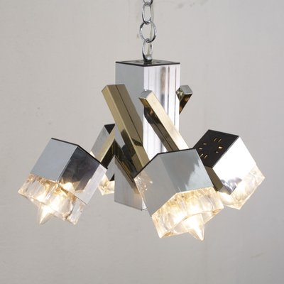 Italian 4 Light Chandelier with Glass Cubes, Chrome and Gold Geometric Structure by Gaetano Sciolari for Stilnovo-MPO-1259514