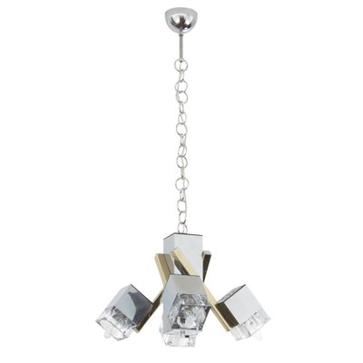 Italian 4 Light Chandelier with Glass Cubes, Chrome and Gold Geometric Structure by Gaetano Sciolari for Stilnovo-MPO-1259514