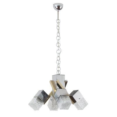 Italian 4 Light Chandelier with Glass Cubes, Chrome and Gold Geometric Structure by Gaetano Sciolari for Stilnovo-MPO-1259527