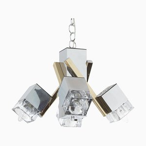 Italian 4 Light Chandelier with Glass Cubes, Chrome and Gold Geometric Structure by Gaetano Sciolari for Stilnovo-MPO-1259514