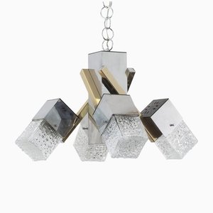 Italian 4 Light Chandelier with Glass Cubes, Chrome and Gold Geometric Structure by Gaetano Sciolari for Stilnovo-MPO-1259527