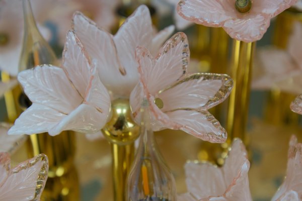 Italian 6-Light Flush Mount in Brass with Light Pastel Pink Murano Glass Flowers, 1970s-KEG-1777384