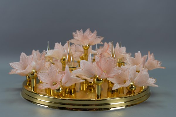 Italian 6-Light Flush Mount in Brass with Light Pastel Pink Murano Glass Flowers, 1970s-KEG-1777384