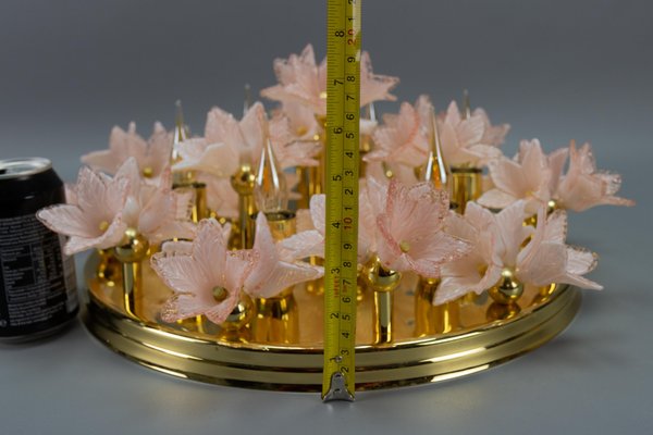 Italian 6-Light Flush Mount in Brass with Light Pastel Pink Murano Glass Flowers, 1970s-KEG-1777384