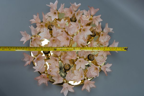 Italian 6-Light Flush Mount in Brass with Light Pastel Pink Murano Glass Flowers, 1970s-KEG-1777384