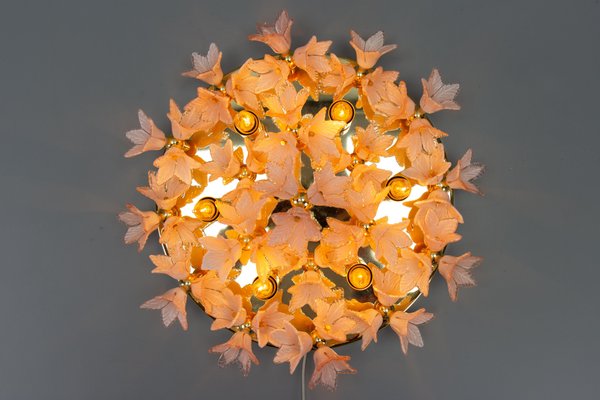 Italian 6-Light Flush Mount in Brass with Light Pastel Pink Murano Glass Flowers, 1970s-KEG-1777384