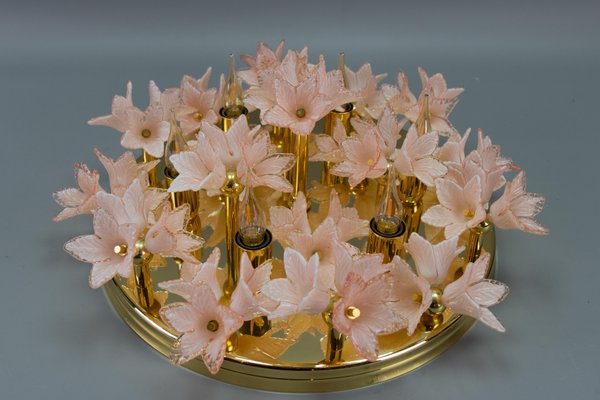 Italian 6-Light Flush Mount in Brass with Light Pastel Pink Murano Glass Flowers, 1970s-KEG-1777384