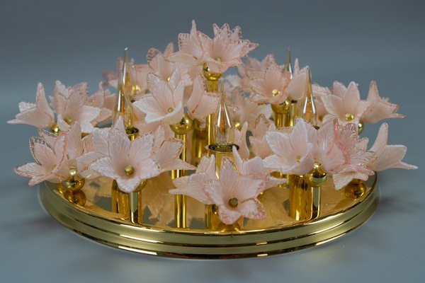 Italian 6-Light Flush Mount in Brass with Light Pastel Pink Murano Glass Flowers, 1970s-KEG-1777384