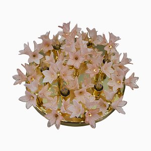 Italian 6-Light Flush Mount in Brass with Light Pastel Pink Murano Glass Flowers, 1970s-KEG-1777384