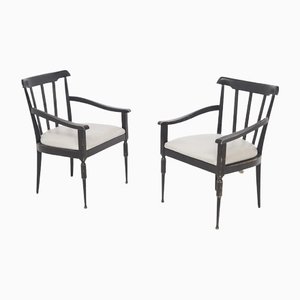 Italian Armchairs in Black Wood and White Leather, Set of 2-RCE-1268217