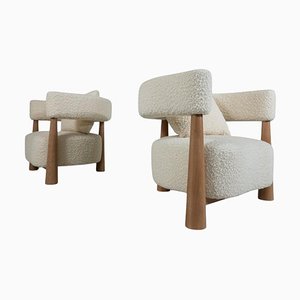 Italian Armchairs in Wood and White Boucle, Set of 2-FGA-1770728